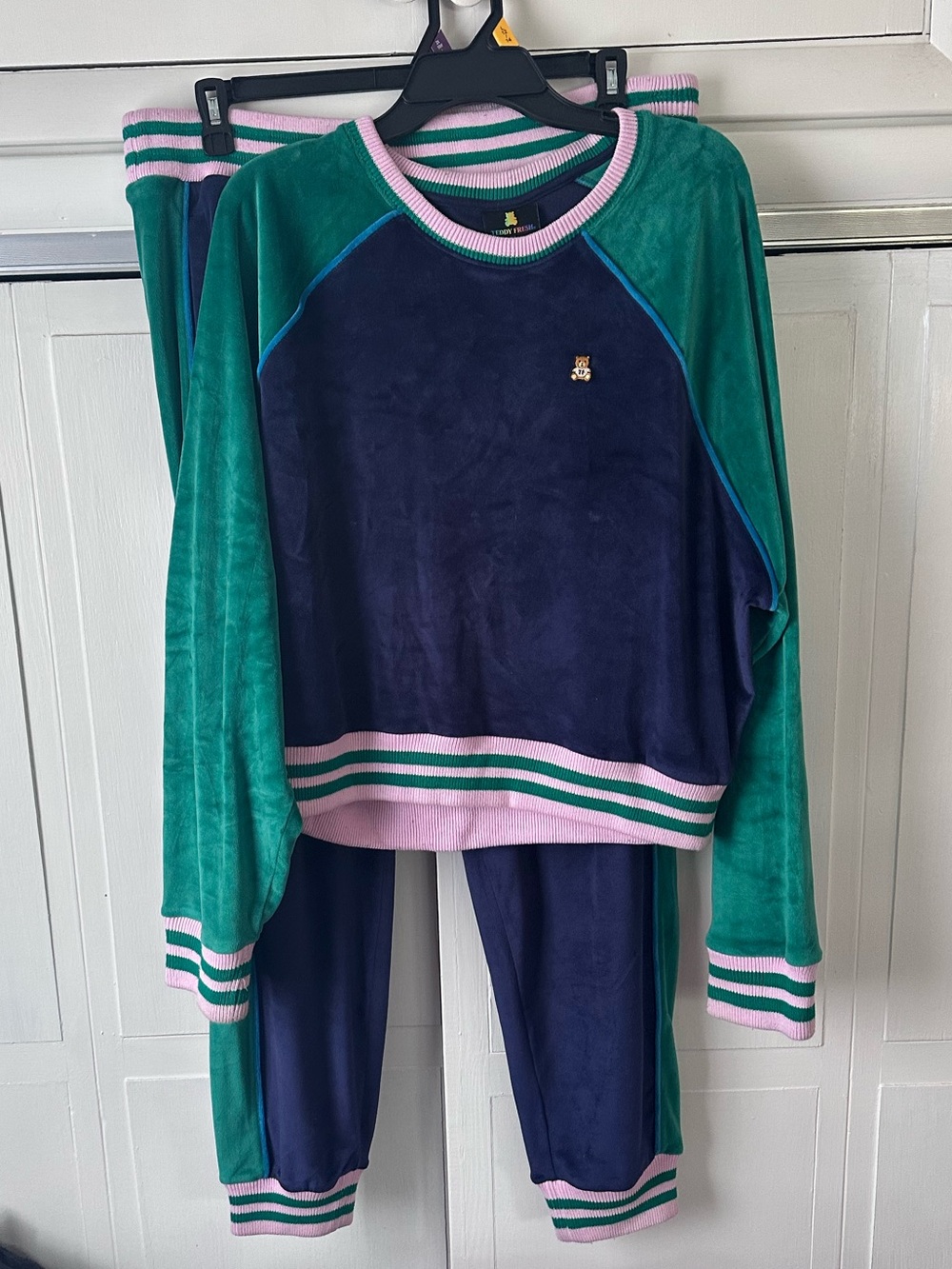 Velour Teddy Fresh Matching Jogging Set in Navy & Green with Pink Accents